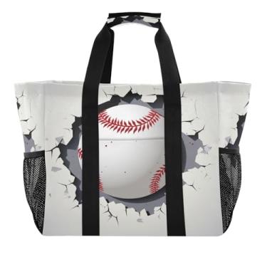 Imagem de Wassud Sacolas de compras reutilizáveis de beisebol branca grande bolsa organizadora de lona impermeável para praia, piquenique, lavanderia, viagem
