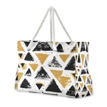 Imagem de Wassud Bolsa de praia grande triângulos pretos e dourados para mulheres, à prova d'água, à prova de areia, bolsa de viagem com zíper e bolso para piscina, academia, acampamento