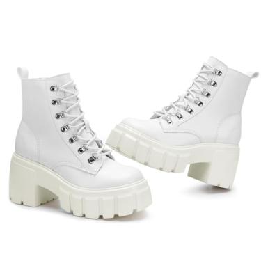 Imagem de FITORY Botas De Combate Femininas Leves Com Cadarço E Zíper Lateral, Botas De Cano Alto, Salto Alto, Plataforma Grossa, Sola De Lug, Tamanho Branco 6,5