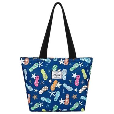 Imagem de HAWEE Bolsa feminina com zíper, bolso interno de malha, resistente, casual, anti-água, bolsa de ombro para viagem, Chinelo azul escuro, One Size, Bolsa