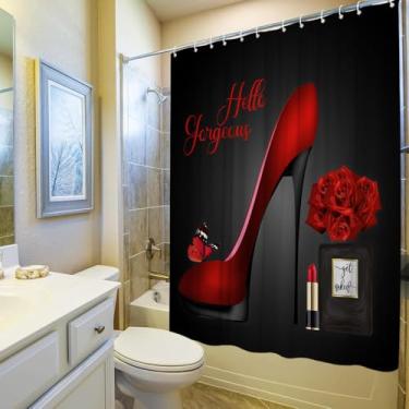 Imagem de Cortina de chuveiro borboleta flor moda menina Hello Gorgeous frasco de perfume batom rosa vermelha floral dia dos namorados amante romântico mulher conjunto de acessórios de banheiro poliéster com