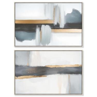 Imagem de Conjunto de 2 arte de parede de sala de estar com impressão em tela de luxo neutro da Art Remedy, moldura prata, 61 x 40 cm