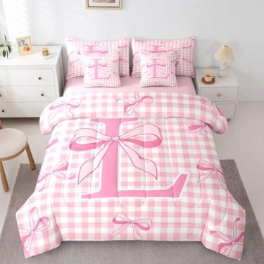 Imagem de Feelyou Conjunto de edredom com laço rosa, 7 peças, tamanho casal, com laço quadriculado, para crianças, meninos, meninas, decoração de quarto