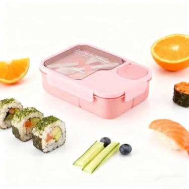 Imagem de Bento Box, lancheira de 1450 ml com colher e garfo, leve, suporte de refeição fácil de transportar com 3 compartimentos, à prova de vazamento, livre de BPA, perfeito para comer fora (rosa)