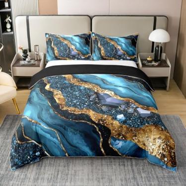 Imagem de Erosebridal Jogo de cama de mármore, Queen, dourado, azul, 100% algodão, estética, marmorizado, para crianças, meninos, meninas, adultos, aquarela abstrata, conjunto de cama 3 peças