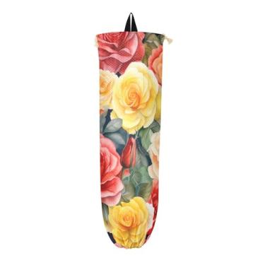 Imagem de Porta-sacos plásticos de aquarela com rosas vermelhas e amarelas, bolsa para sacolas plásticas, suportes de sacolas plásticas para suporte de parede, 1 pacote