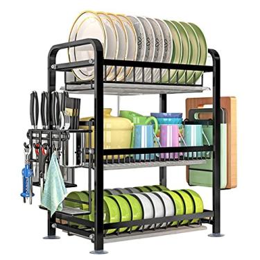 Imagem de Escorredor de pratos com conjunto de drenagem, escorredores de pratos de aço inoxidável 304 com suporte de utensílios e suporte de tábua de corte, 3 níveis