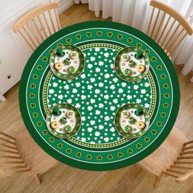 Imagem de Toalha de mesa redonda elástica – adequada para mesas de 114 a 137 cm, toalha de mesa redonda do dia de São Patrício com borda elástica, resistente à água, capas de mesa de trevo laváveis para sala de