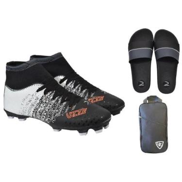 Imagem de Chuteira Campo Botinha UZ Cravo Adulto + Chinelo Slide + Bolsa Esporti