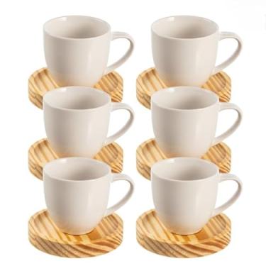 Imagem de Conjunto de xícaras de café - conjunto de 12 peças, incluindo pires de madeira (6 xícaras de café de 80ml + 6 pires) (Branca)