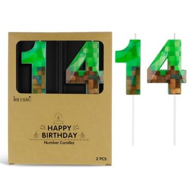 Imagem de Vela de aniversário pixel, velas com número mineiro de 6,8 cm, decoração de aniversário com tema de jogo, para festa de videogame dinamite com tema pixel, aniversário, aniversário (verde, 14)