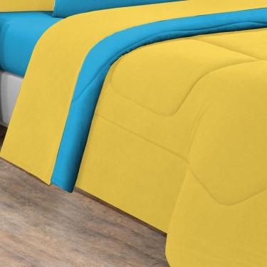 Imagem de Kit Edredom + Jogo De Lençol Malha 100% Algodão Gran Moratta 7 Peças King - Amarelo-azul Turquesa