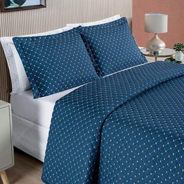 Imagem de Cobre Leito Casal Padrão Ravena Bordado Micropercal 200 Fios 3 Peças - Marinho