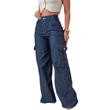Imagem de Calça Wide Leg Cargo Pantalona Jeans Feminina com Elastano - - Q'chick