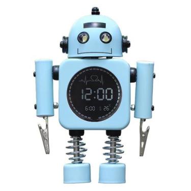 Imagem de Despertador digital em forma de robô com luz noturna em metal azul - Y