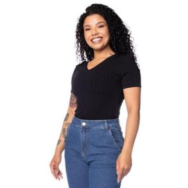 Imagem de Blusa Feminina Cativa Canelada Básica Gola V Preto-Feminino