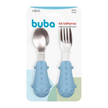 Imagem de Kit Talheres Colher e Garfo Cabo em Silicone Buba Dino Azul