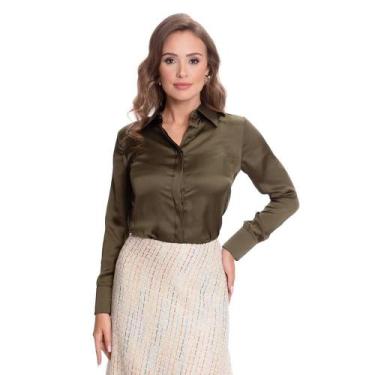 Imagem de Camisa Social Feminina Manga Longa Cetim Teodoro Clássica, GG, Verde e