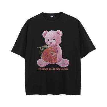 Imagem de Camiseta Gráfica Urso Morango Preto Em Algodão Hipster Masculina Uniss