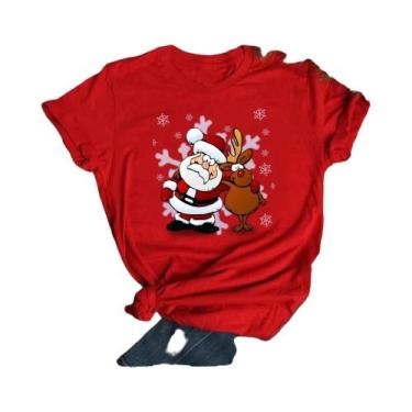 Imagem de Camiseta Feminina De Natal Com Estampa De Rena E Papai Noel, Gola O, E