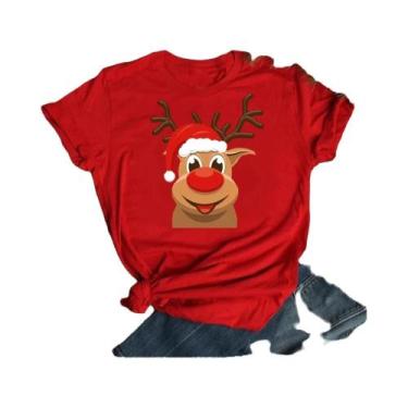 Imagem de Camiseta Feminina De Natal Com Estampa De Rena E Papai Noel, Gola O, E