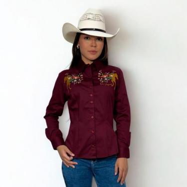 Imagem de Camisa Country Feminina Bordada Manga Longa Os Vaqueiros New, Bordô, M