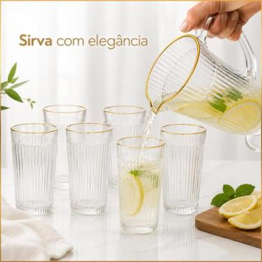 Imagem de Conjunto Lila Com Jarra E 6 Copos De Vidro - Borda Dourada - Hauskraft