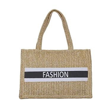 Imagem de ANNI RIEL Bolsa feminina boho de palha com zíper moderna grande bolsa de praia feita à mão, Cinza