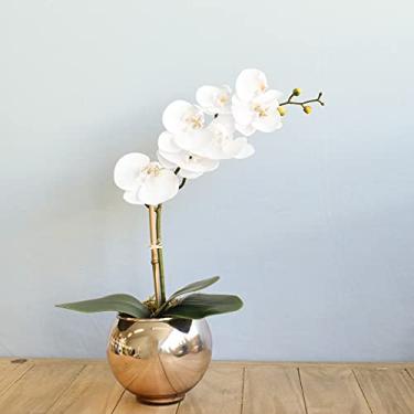 Imagem de Arranjo Flor Artificial Orquídea Branca de Silicone no Vaso Rose Gold Pequeno