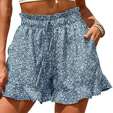 Imagem de Shorts Estampados Verão Praia Curto Cintura Alta Shorts Verão Moda Estampa Solta Casual Cintura Alta Bolso Shorts para Mulheres (Azul)