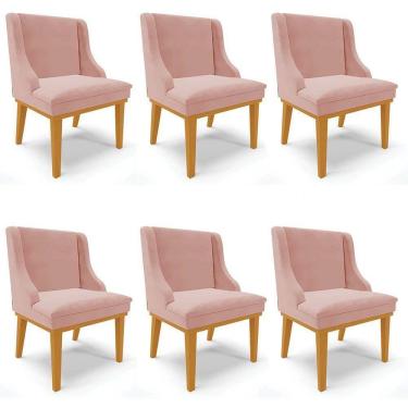 Imagem de Kit 6 Cadeiras Estofadas Para Sala De Jantar Base Fixa De Madeira Castanho Lia Veludo Rosê