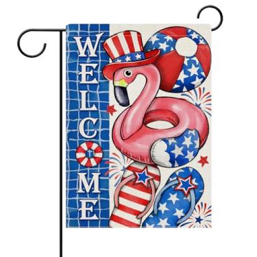 Imagem de Dyrenson Welcome 4th of July Patriotic Decorative Garden Flag, Summer Pool Flamingo Swim Ring Flip Flops Ball America Yard Outside Home Decoration, American USA Outdoor Small Decor Dupla Face 12x18