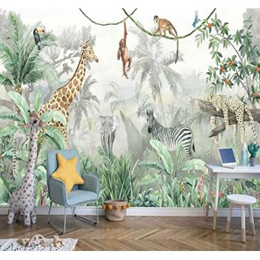 Imagem de Reyhui Papel de parede infantil folhas tropicais e animais de safári mural de parede para parede quarto sala de estar TV fundo sofá parede (não descascar e colar)