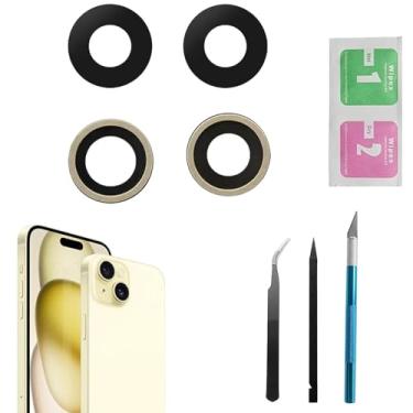 Imagem de 2 peças/conjunto 15 Plus para substituição de lente de câmera traseira para iPhone 15 para substituição de lente de câmera com adesivo pré-instalado + kit de ferramentas de reparo, antiarranhões e à