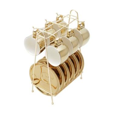 Imagem de Conjunto 6 xícaras 90 ml para café de porcelana branco/dourado com pir