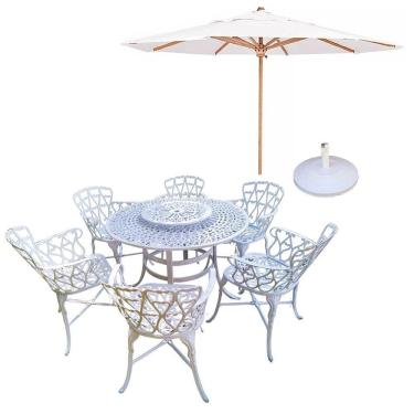 Imagem de Conjunto De Jardim Viena Mesa 1,25m Giratória 6 Cadeiras E Guarda Sol Branco