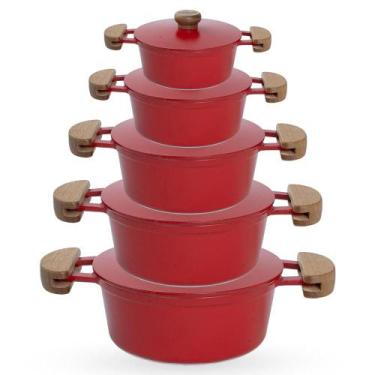 Imagem de Jogo de Panelas 5 Peças De Alumínio Fundido Com Alça De Madeira e Tamp