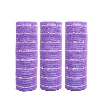 Imagem de JStnana Fita de malha decorativa de bola de neve roxa clara de 3 rolos para suprimentos de fabricação de grinaldas, tecido de malha decorativa de serapilheira metálica de 25,4 cm x 7,6 m para