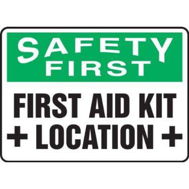 Imagem de Accuform MFSD915XV Placa adesiva dura-vinil, legenda "Safety First AID KIT Location", 25,4 cm de comprimento x 35,5 cm de largura x 0 cm de espessura, preto/verde em branco