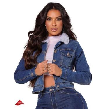 Imagem de Jaqueta Feminina Forrada Pelinho Bolsos Botões Moderna - LD Jeans, M, 