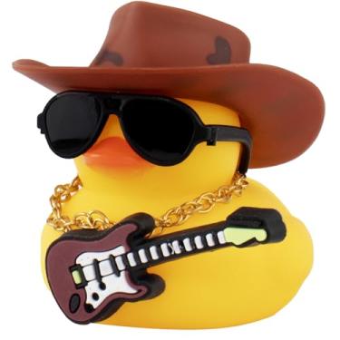 Imagem de wonuu Enfeites De Carro Pato Borracha Wonuu, Acessórios Legais Para Guitarra, Decoração Painel Com Chapéu Cowboy, Colar E Óculos Sol, Marrom Preto
