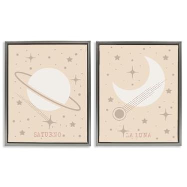 Imagem de Stupell Industries Conjunto de tela flutuante cinza minimalista Saturno e Lua 2 peças por Daniela Santiago, 17 x 21