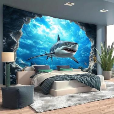 Imagem de FENDROM Tapeçaria de tubarão do oceano azul, peixe tropical e coral em abismo profundo submarino com luz solar azul, paisagem para quarto, sala de estar, crianças, árvore, dormitório, decoração de