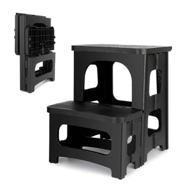 Imagem de Banco dobrável de 2 degraus, banquetas dobráveis antiderrapantes, banquetas de cabeceira, banquinho portátil de cabeceira, comporta até 136 kg, escada leve e dobrável para cozinha, banheiro