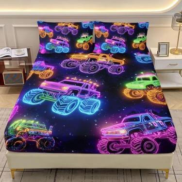 Imagem de AILONEN Jogo de lençol Queen com desenho animado de caminhão monstro, desenho animado neon caminhão infantil, 3 peças, tema galáxia, lençol com elástico colorido com 2 fronhas