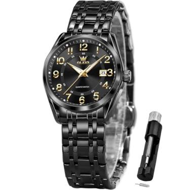 Imagem de OLEVS Relógios femininos clássicos, de quartzo, relógio de pulso feminino, aço inoxidável, à prova d'água, luminoso, data, fácil leitura, para mulheres, relógio feminino preto, relógio feminino