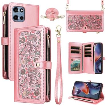Imagem de Dswteny Capa carteira floral para Motorola Moto G 5G 2025 com alça de ombro, bolsa com zíper de couro PU, suporte de cartão de crédito, acessórios para celular para G5G 5 G G5 feminino masculino rosa