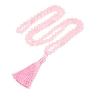 Imagem de BALIBALI Colar longo de chacra com contas de 8 mm, colar de pedra natural, meditação japonesa, ioga, rosário budista, oração, berloque, borla, colar, Quartzo rosa, Quartzo rosa