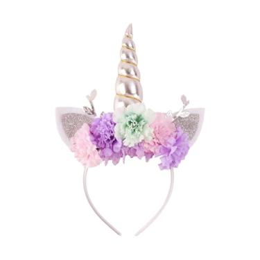 Imagem de Nishine Tiara De Unicórnio Com Coroa, Flor Artificial Glitter E Chifre Para Decoração Aniversário Cosplay (Prata)