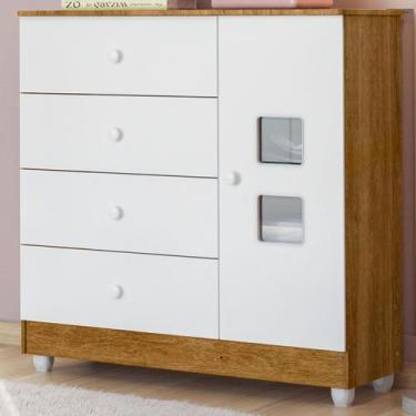 Imagem de Cômoda de Bebê Life 1 Porta 4 Gavetas Branco/Ypê - Tigus, Marrom Claro
